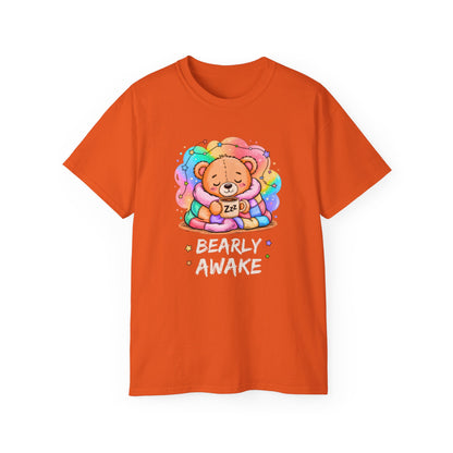Bearly Awake Teddy Bear Tee | Cute Coffee Bear Wrapped in Rainbow Blanket