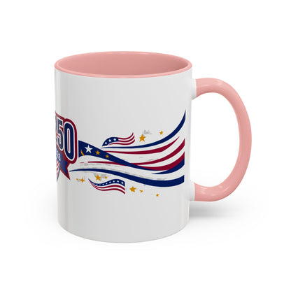 White mug with pink interior and handle featuring a patriotic design and '50' text on a white background.