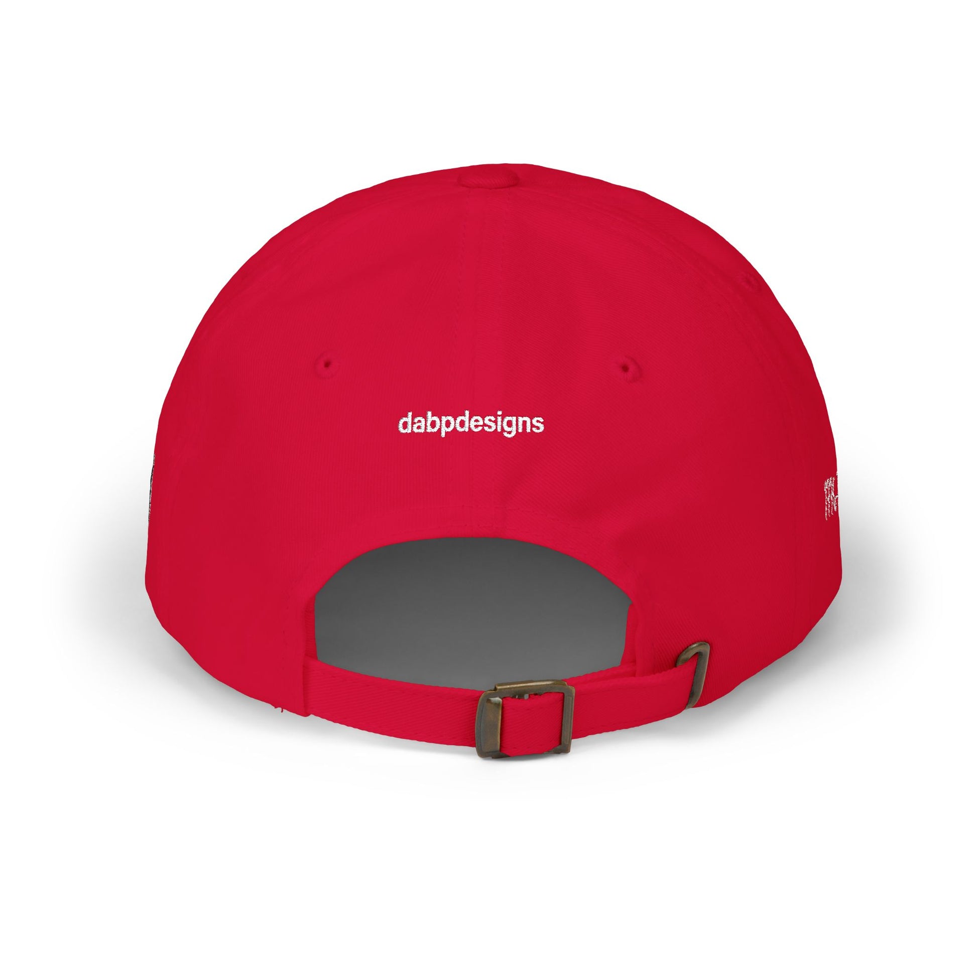 Red cap with a logo on the back against a white background