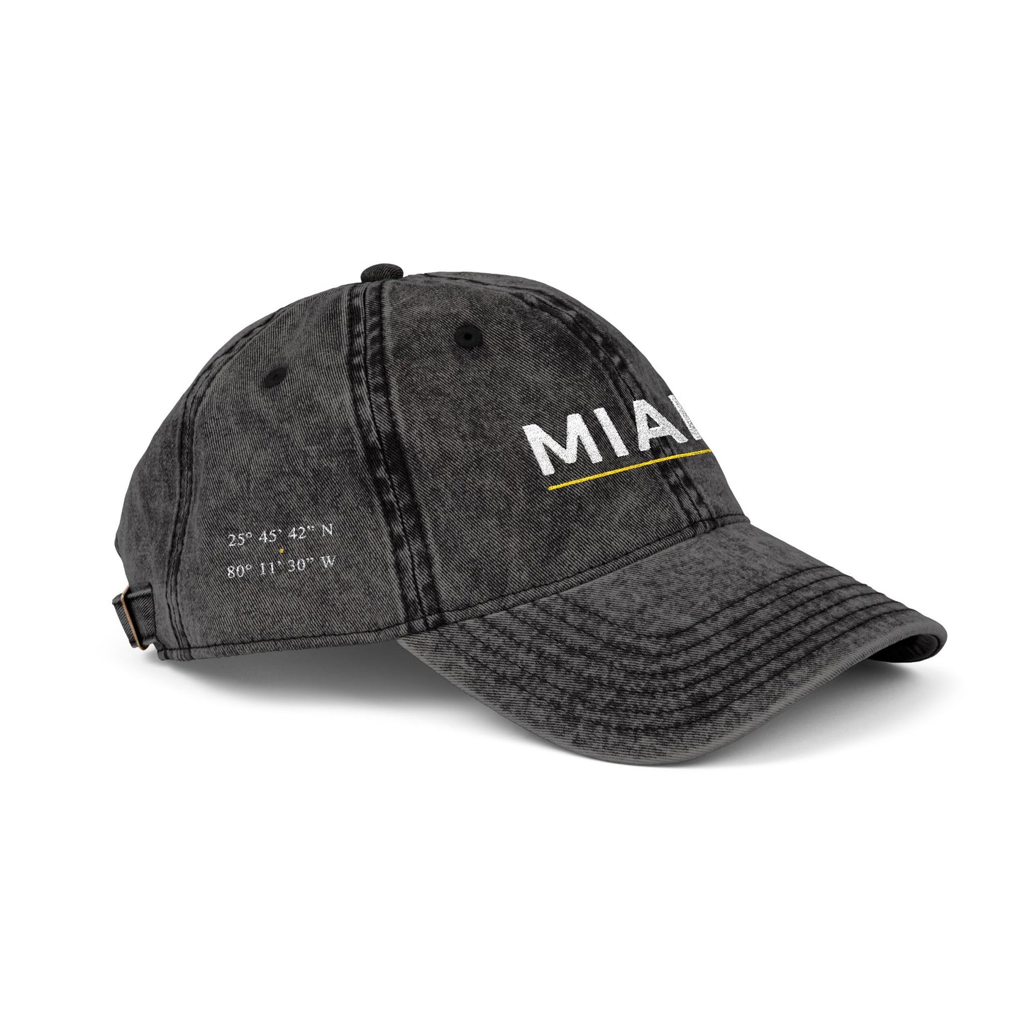 Black denim cap with 'abio' embroidery on a white background