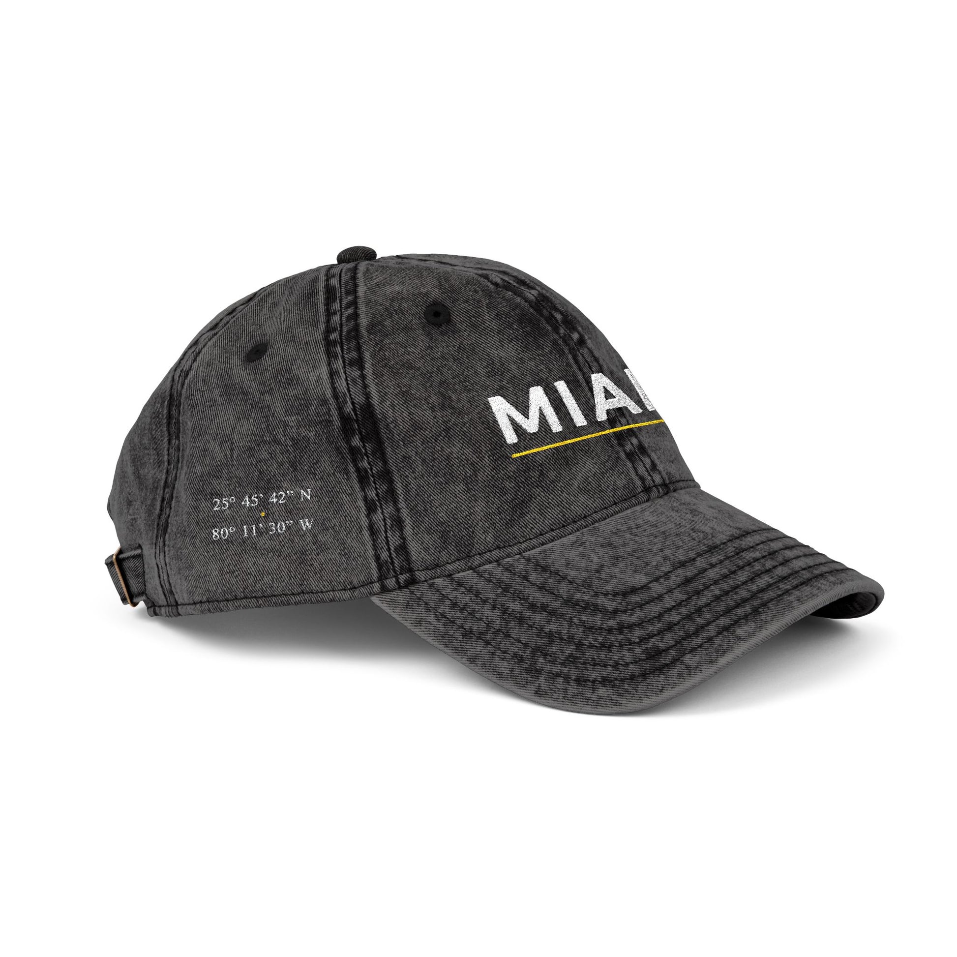 Black denim cap with 'abio' embroidery on a white background