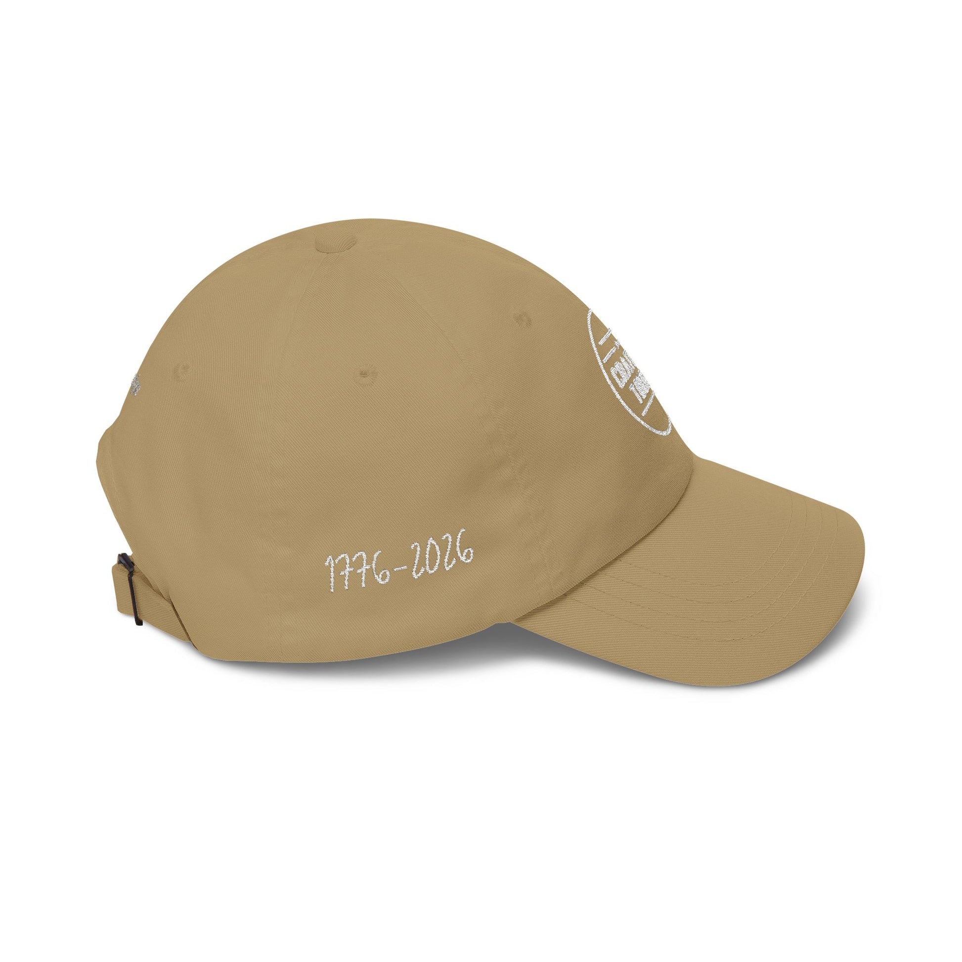 Beige baseball cap with a logo on a white background