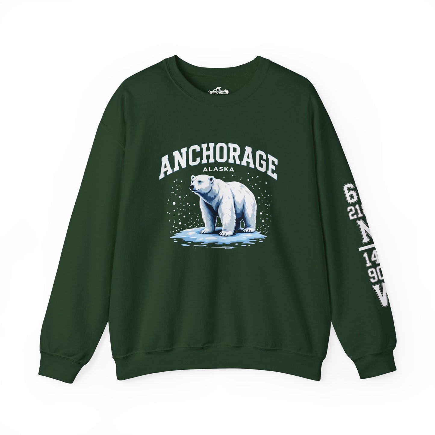 Green sweatshirt with a polar bear graphic and 'Anchorage, Alaska' text on a white background