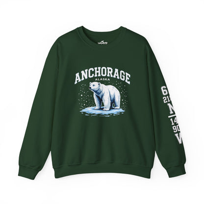 Green sweatshirt with a polar bear graphic and 'Anchorage, Alaska' text on a white background