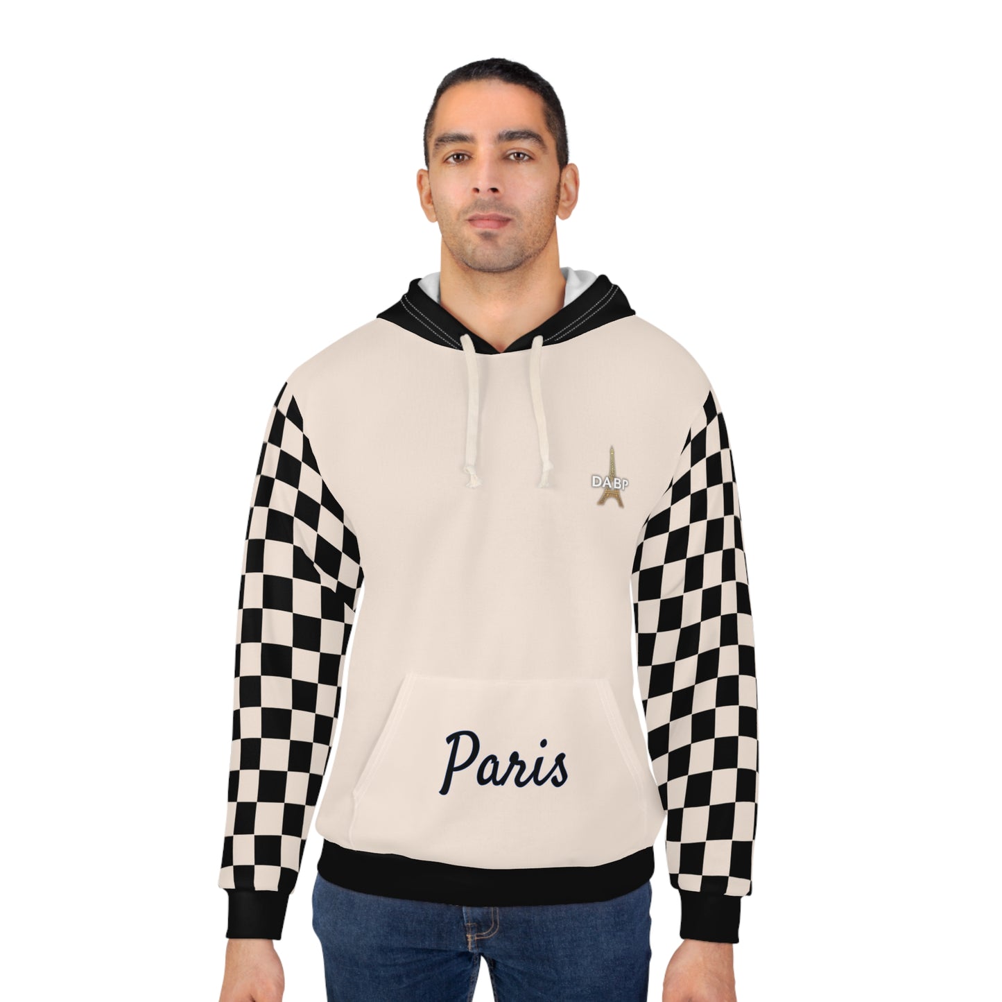 Paris Checkered Unisex Hoodie - DABP Emblem and Checkerboard Sleeves (Beige)