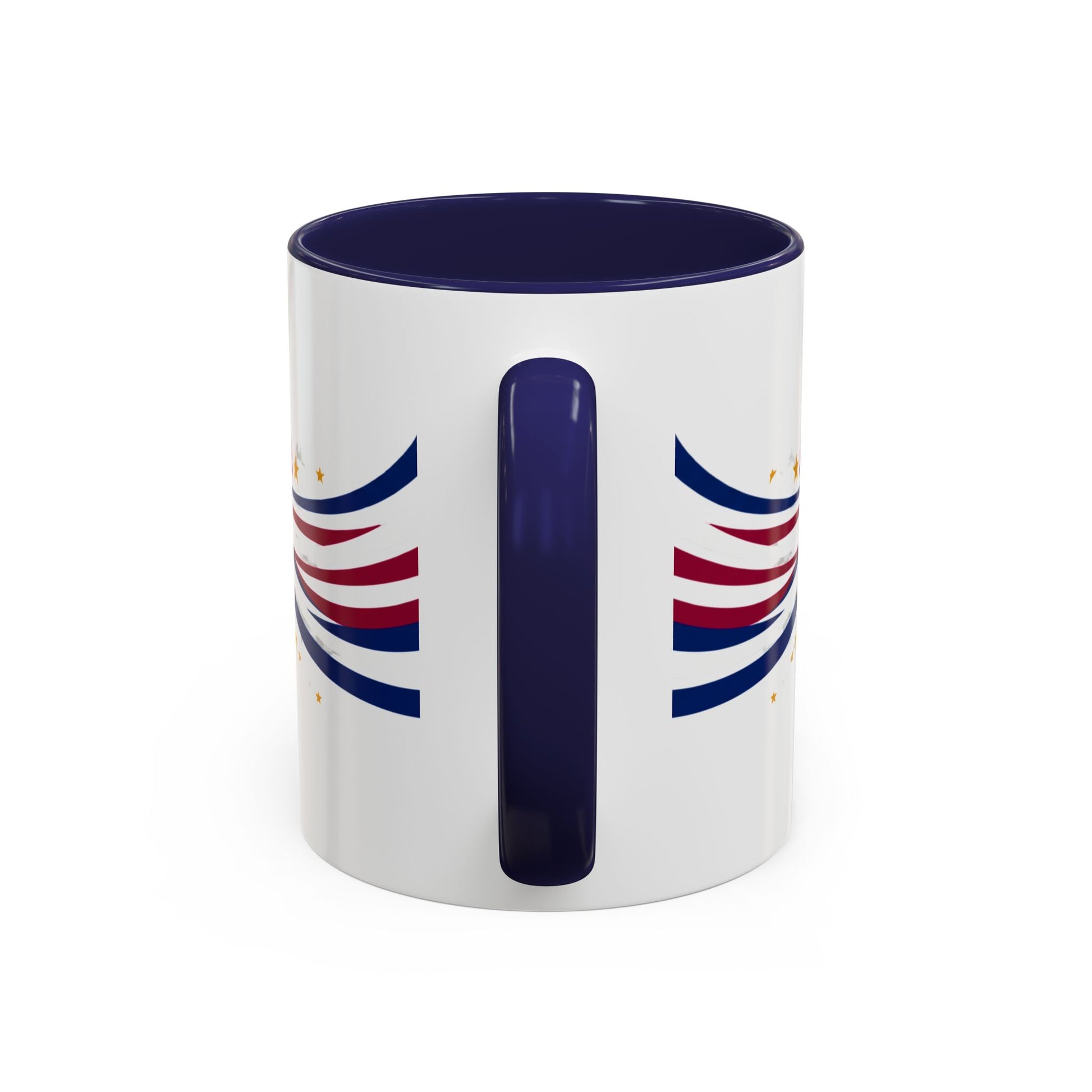 White mug with blue interior and handle, featuring red and blue abstract designs on a white background.