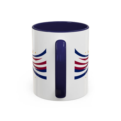 White mug with blue interior and handle, featuring red and blue abstract designs on a white background.