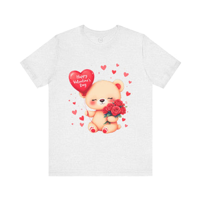 Bella+Canvas · 3001 Unisex Jersey Short Sleeve Tee - Valentine’s Day Bear, Balloon & Roses Design