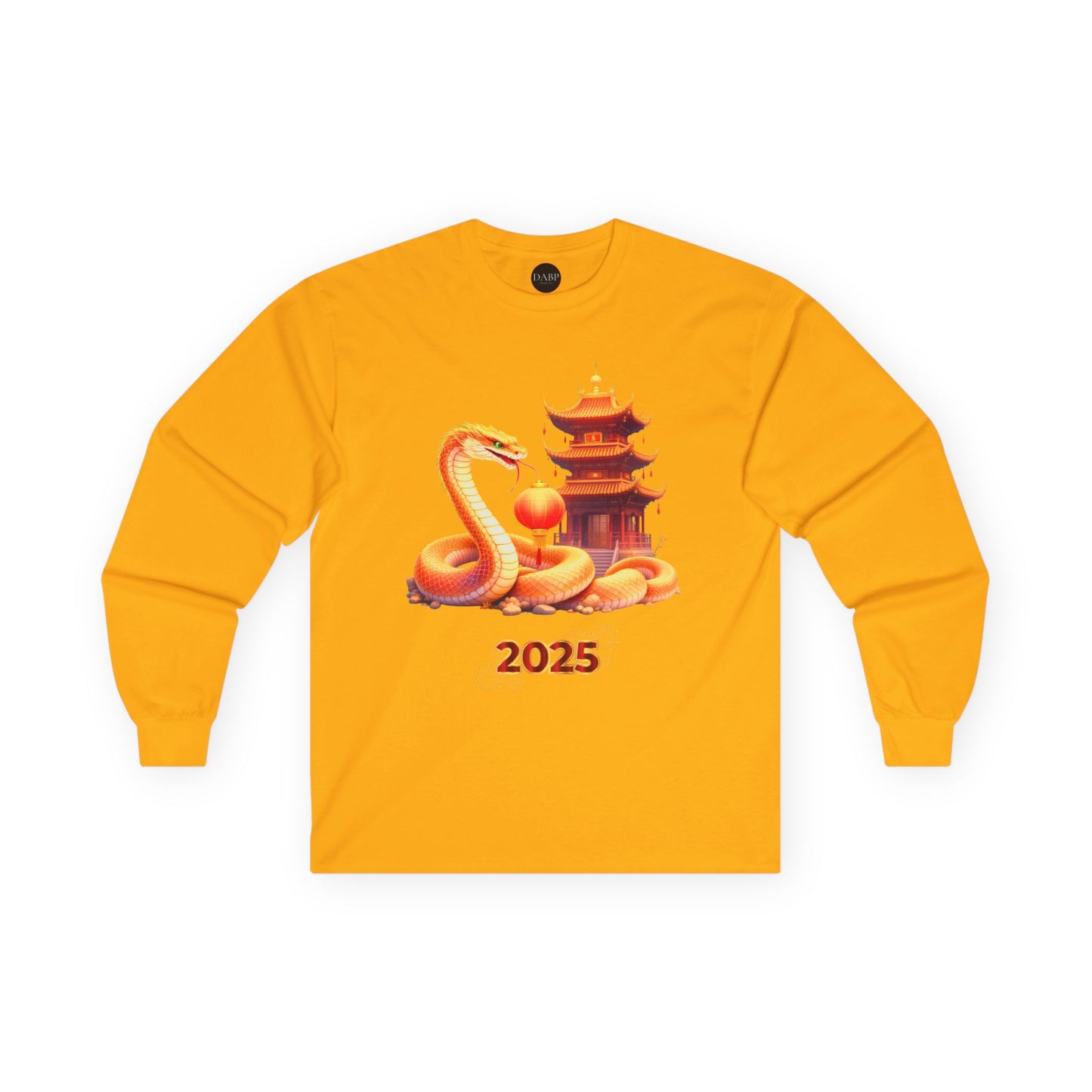 Gildan 2400 Unisex Long-sleeve Tee - 2025 Year of the Snake Chinese New Year - Golden Snake with Pagoda and Lantern (v1)