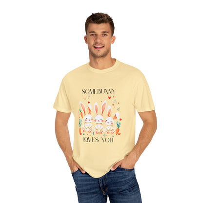 Comfort Colors 1717 Unisex Garment-Dyed T-shirt - “Somebunny Loves You” Trio Bunny Easter Tee