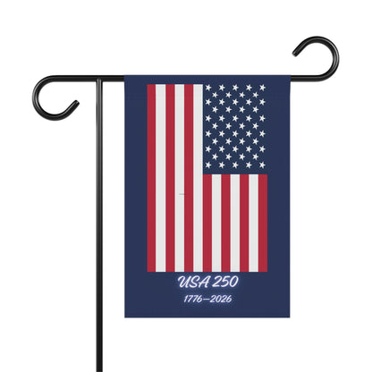 American flag garden flag with 'USA 250' text on a white background
