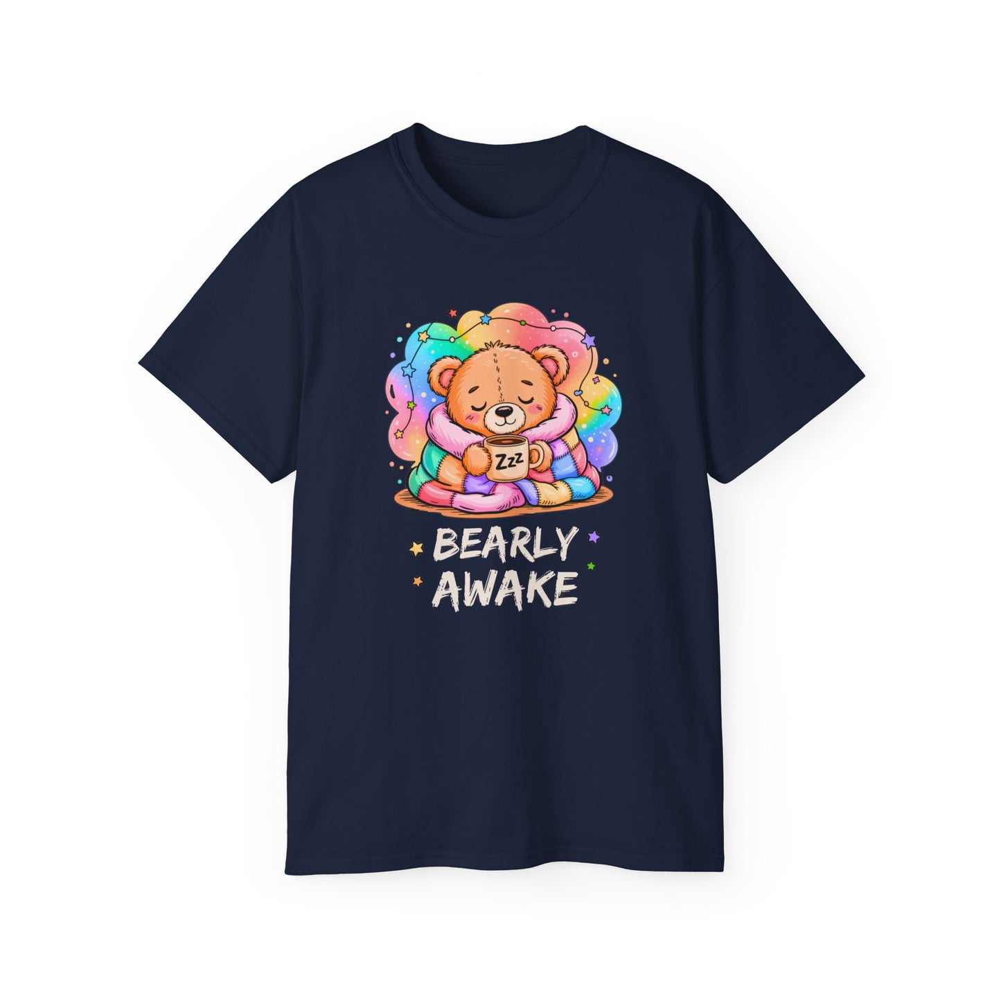 Bearly Awake Teddy Bear Tee | Cute Coffee Bear Wrapped in Rainbow Blanket