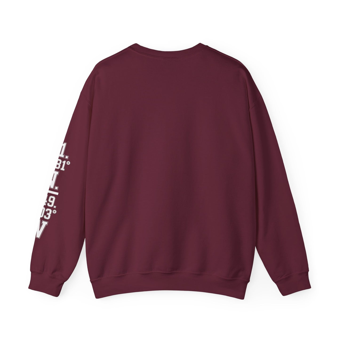 Maroon sweatshirt with white text on sleeve against a white background