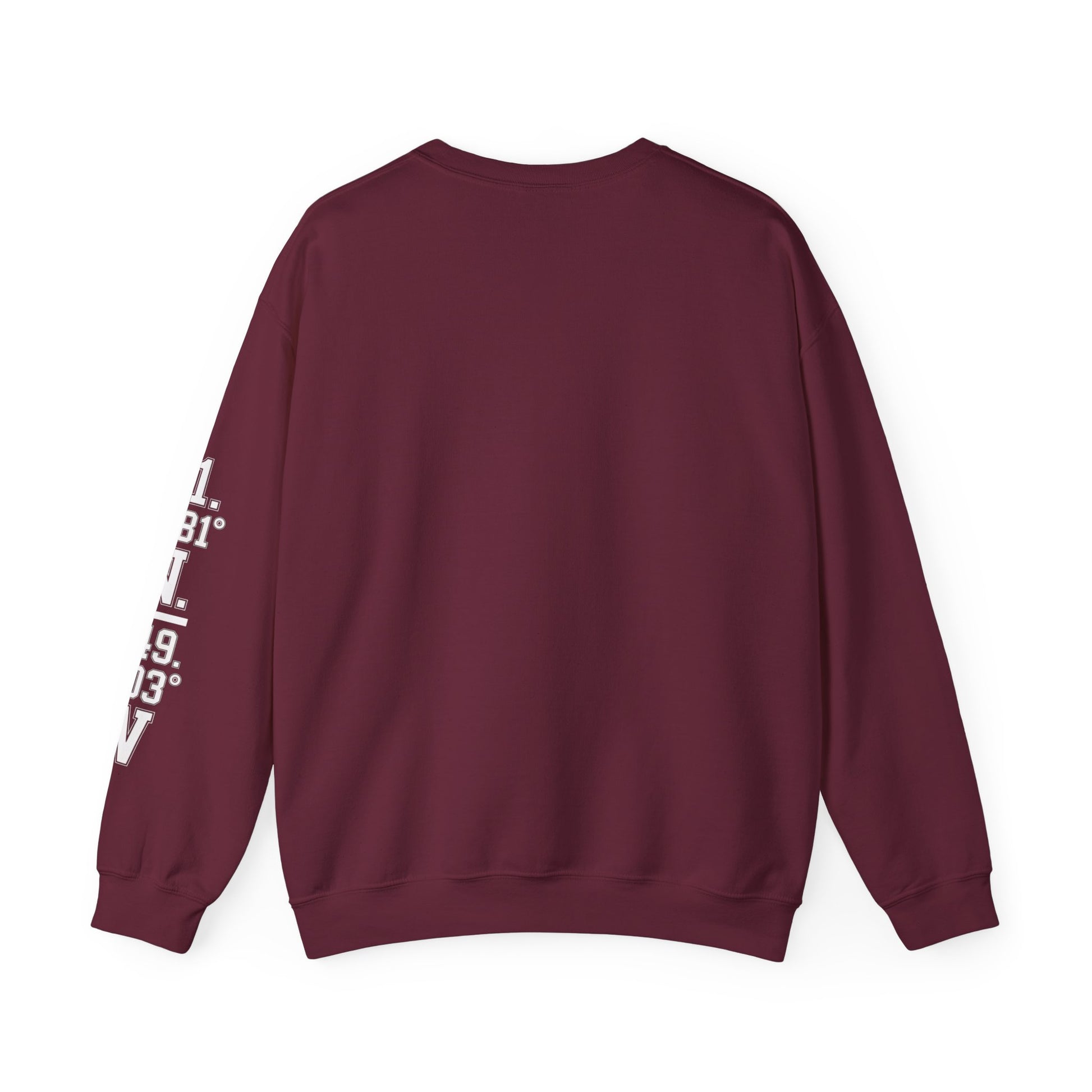 Maroon sweatshirt with white text on sleeve against a white background