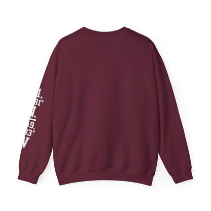 Maroon sweatshirt with white text on sleeve against a white background