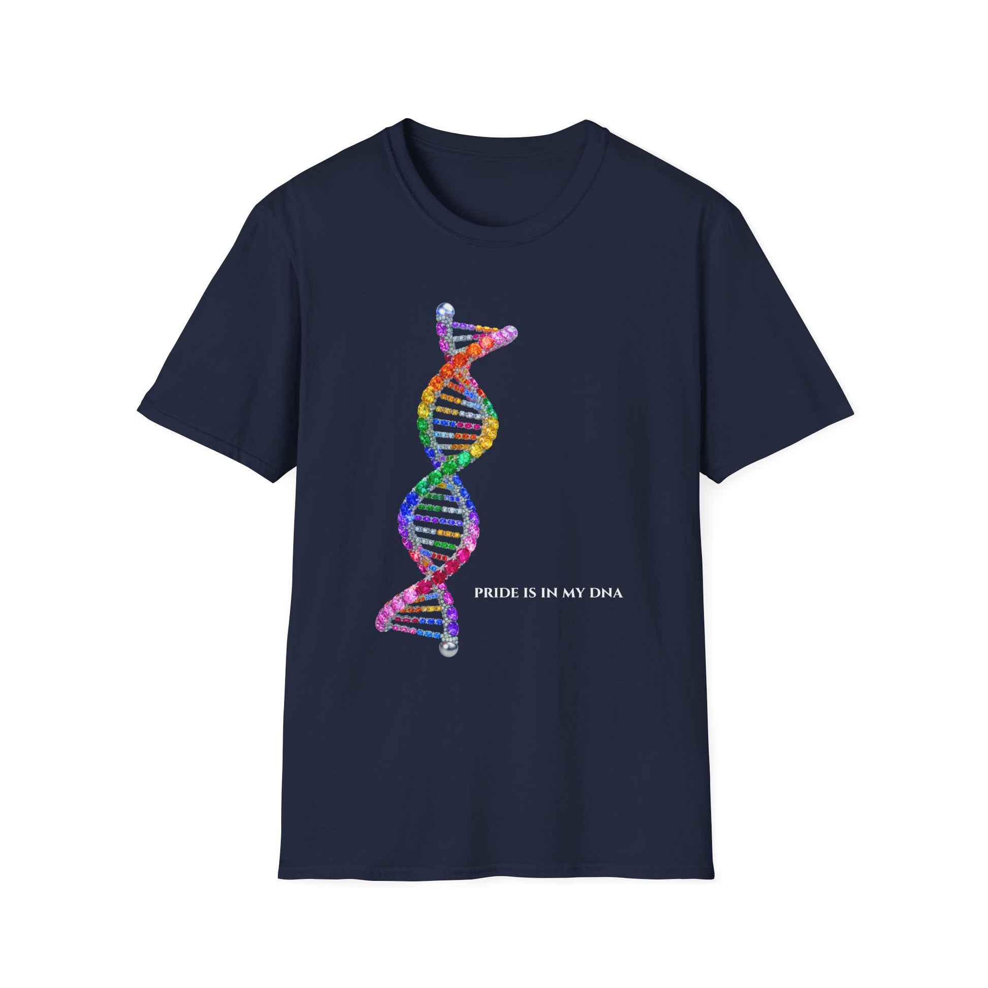Navy blue t-shirt with a colorful DNA strand design and 'Pride is in my DNA' text on a white background.