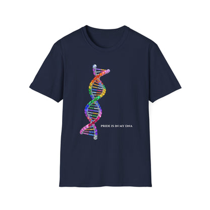 Navy blue t-shirt with a colorful DNA strand design and 'Pride is in my DNA' text on a white background.