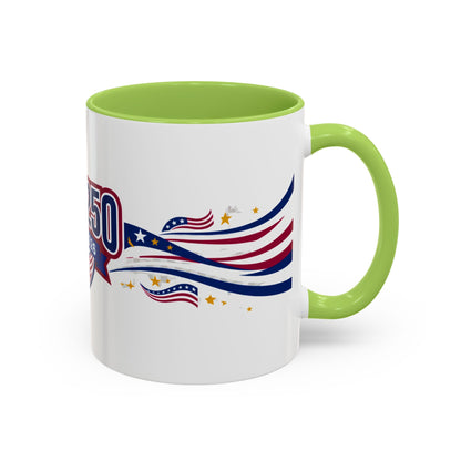 Mug with green interior and handle, featuring a design with stars and stripes on a white background.