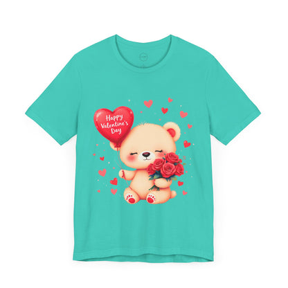 Bella+Canvas · 3001 Unisex Jersey Short Sleeve Tee - Valentine’s Day Bear, Balloon & Roses Design