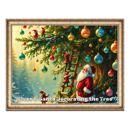 Elves and Santa Decorating the Tree Jigsaw Puzzle – A Whimsical Holiday Scene