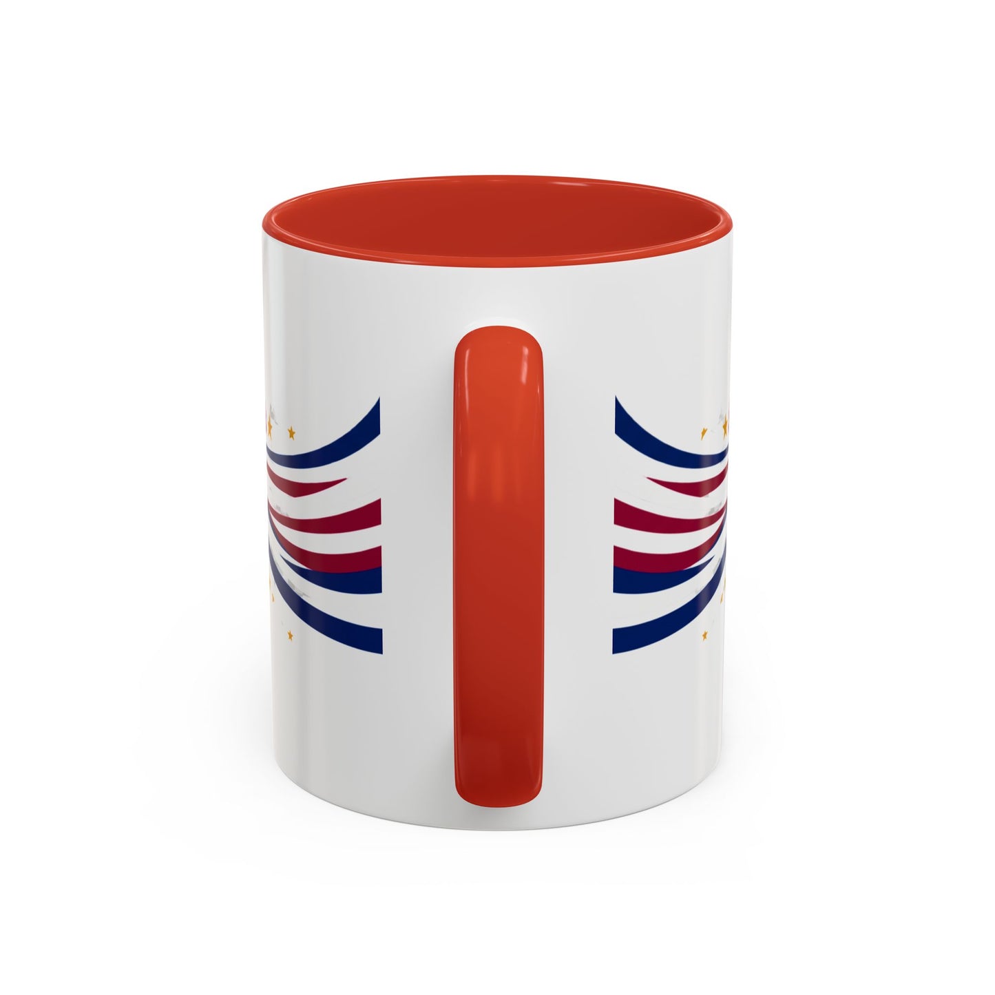White mug with red interior and handle, featuring blue and red stripes on a white background