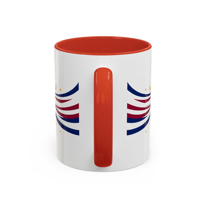 White mug with red interior and handle, featuring blue and red stripes on a white background