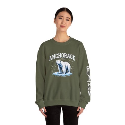 Person wearing a green sweatshirt with a polar bear graphic and 'Anchorage, Alaska' text on a white background