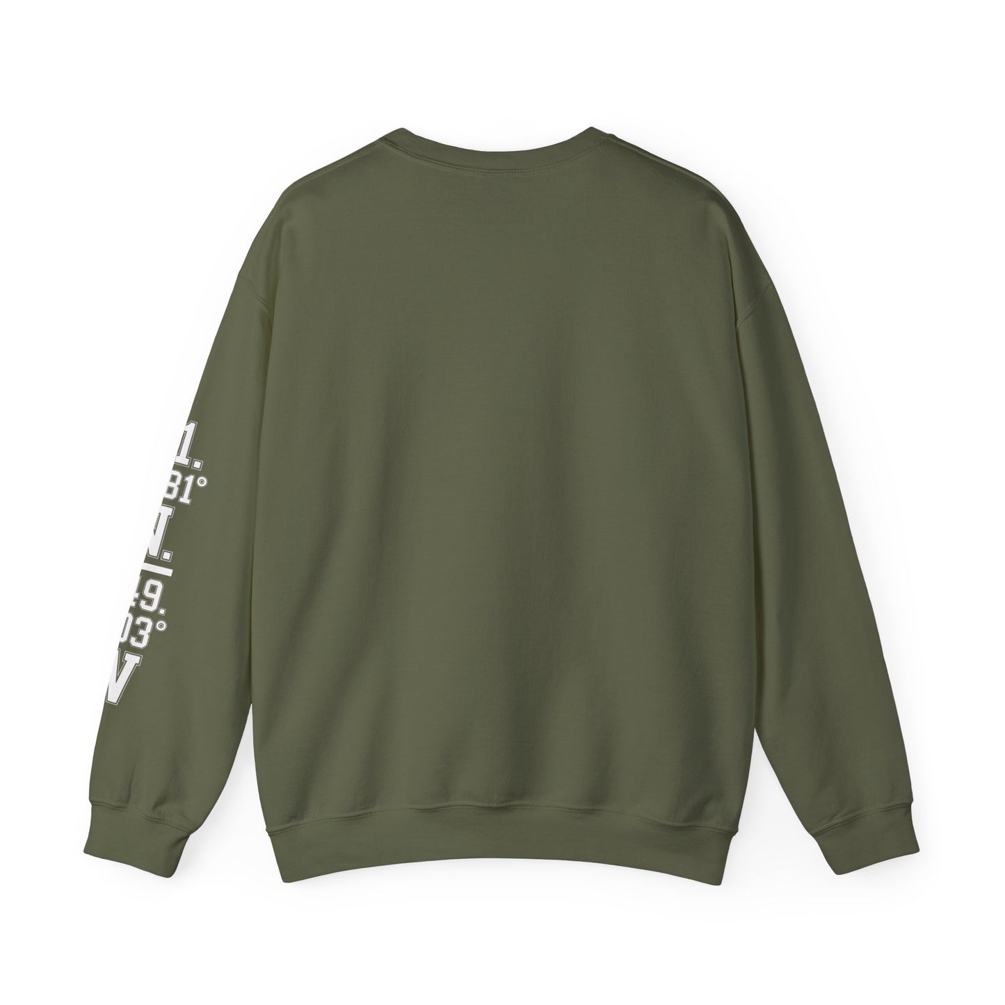 Green sweatshirt with white text on sleeve against a white background