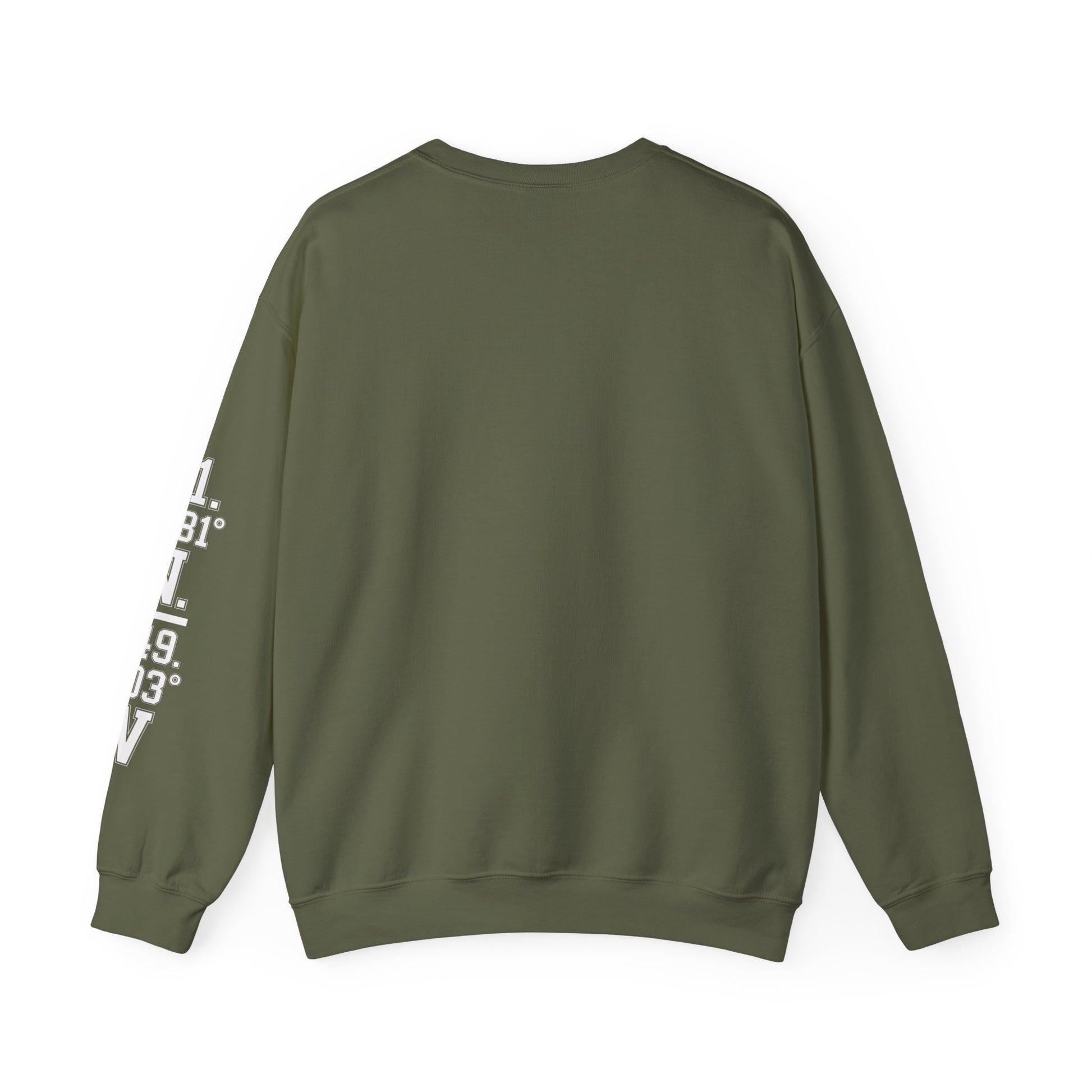 Green sweatshirt with white text on sleeve against a white background