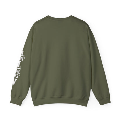 Green sweatshirt with white text on sleeve against a white background