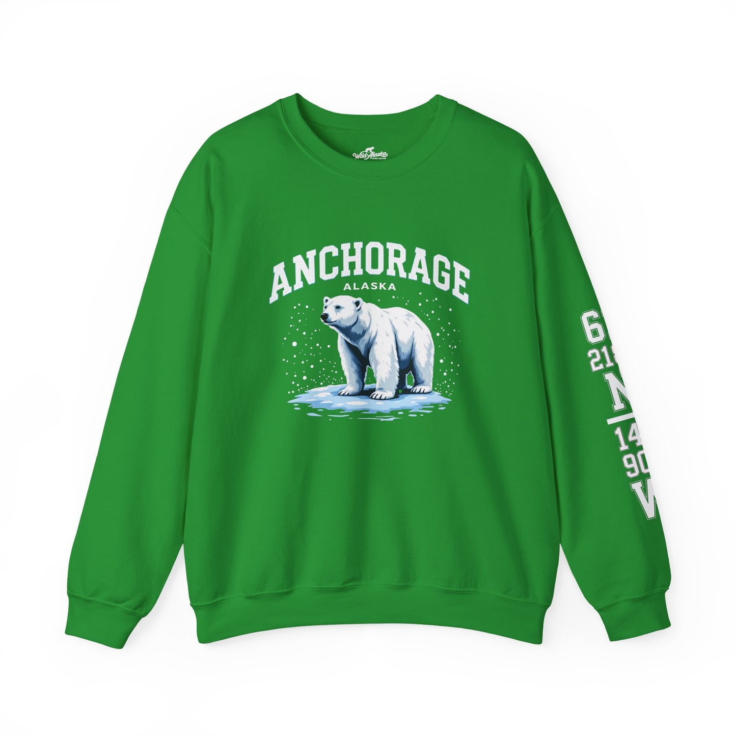 Green sweatshirt with a polar bear graphic and 'Anchorage, Alaska' text on a white background