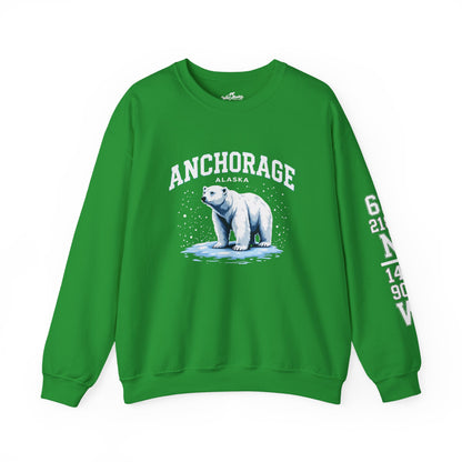 Green sweatshirt with a polar bear graphic and 'Anchorage, Alaska' text on a white background