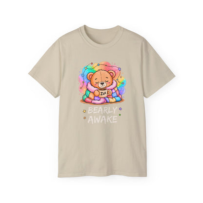 Bearly Awake Teddy Bear Tee | Cute Coffee Bear Wrapped in Rainbow Blanket