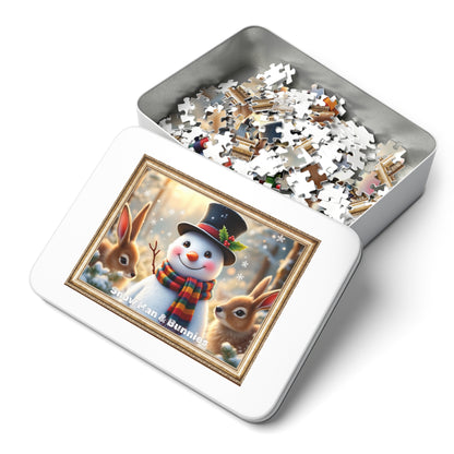 Snowman & Bunnies Winter Jigsaw Puzzle with Metal Tin – Holiday Cheer with a Framed Touch