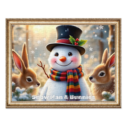 Snowman & Bunnies Winter Jigsaw Puzzle with Metal Tin – Holiday Cheer with a Framed Touch