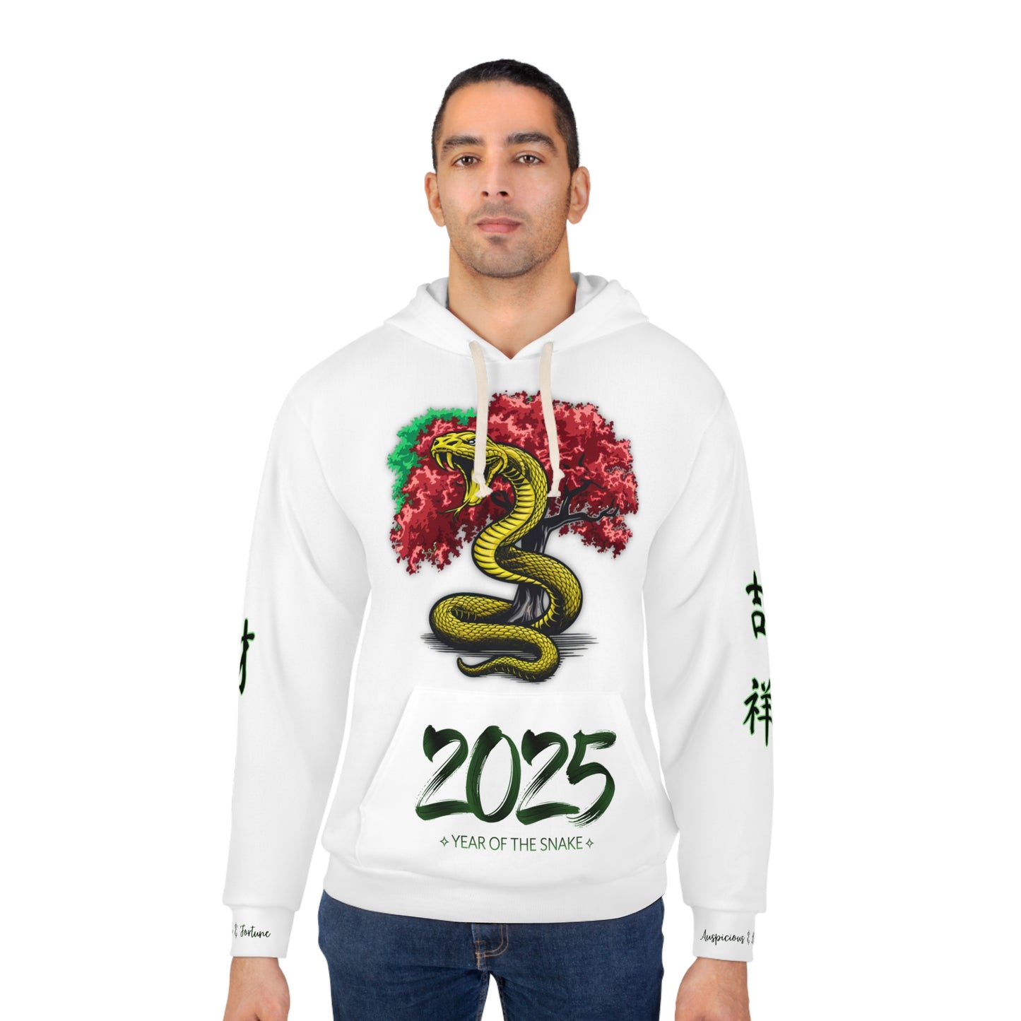 Chinese New Year - 2025 Year of the Snake – White Hoodie with Wealth & Fortune, Auspicioius & Lucky Design (v3)