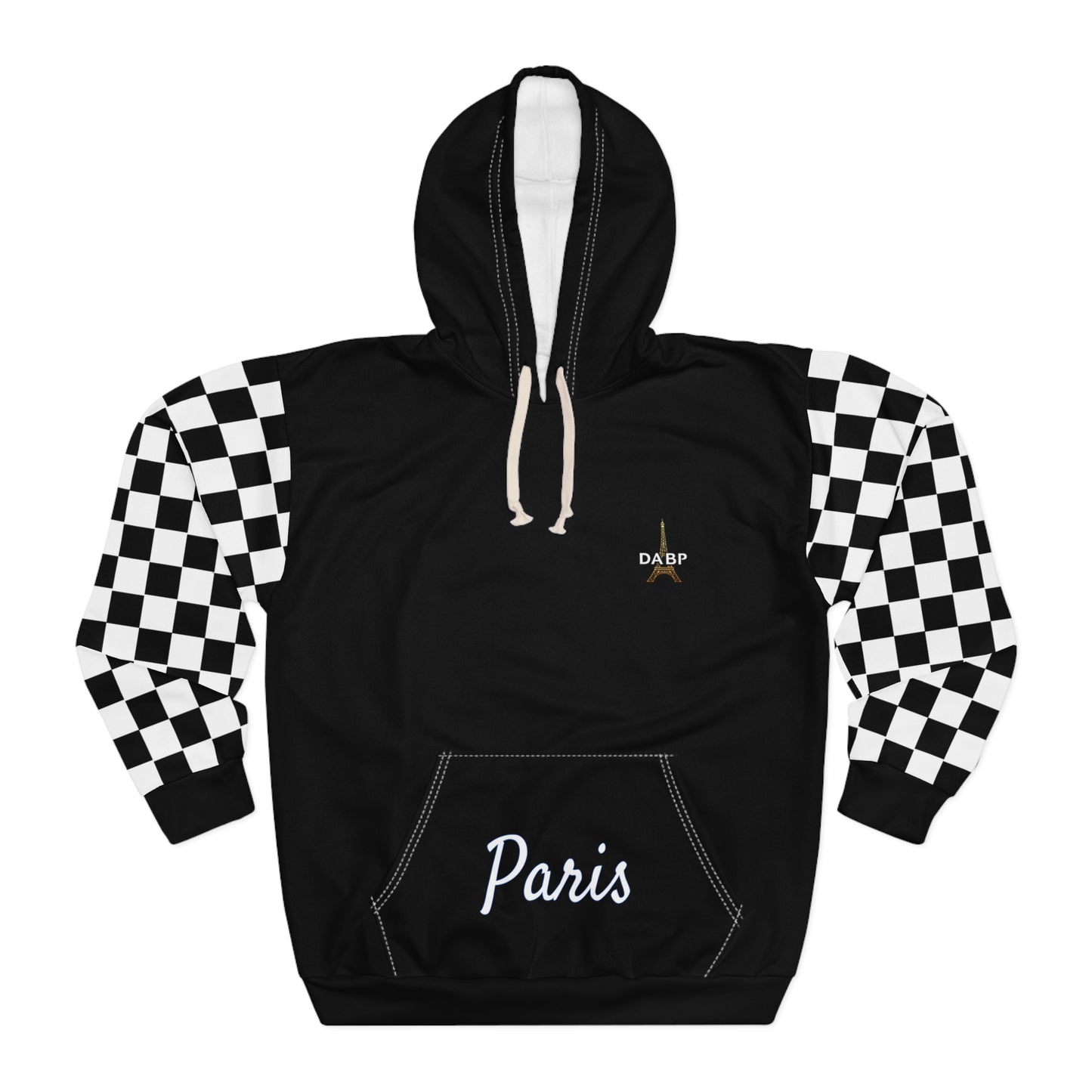 Paris Checkered Unisex Hoodie - DABP Emblem and Checkerboard Sleeves (Black)