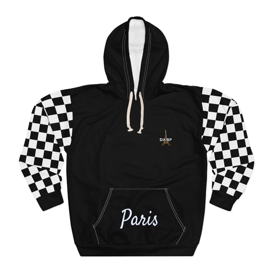 Paris Checkered Unisex Hoodie - DABP Emblem and Checkerboard Sleeves (Black)