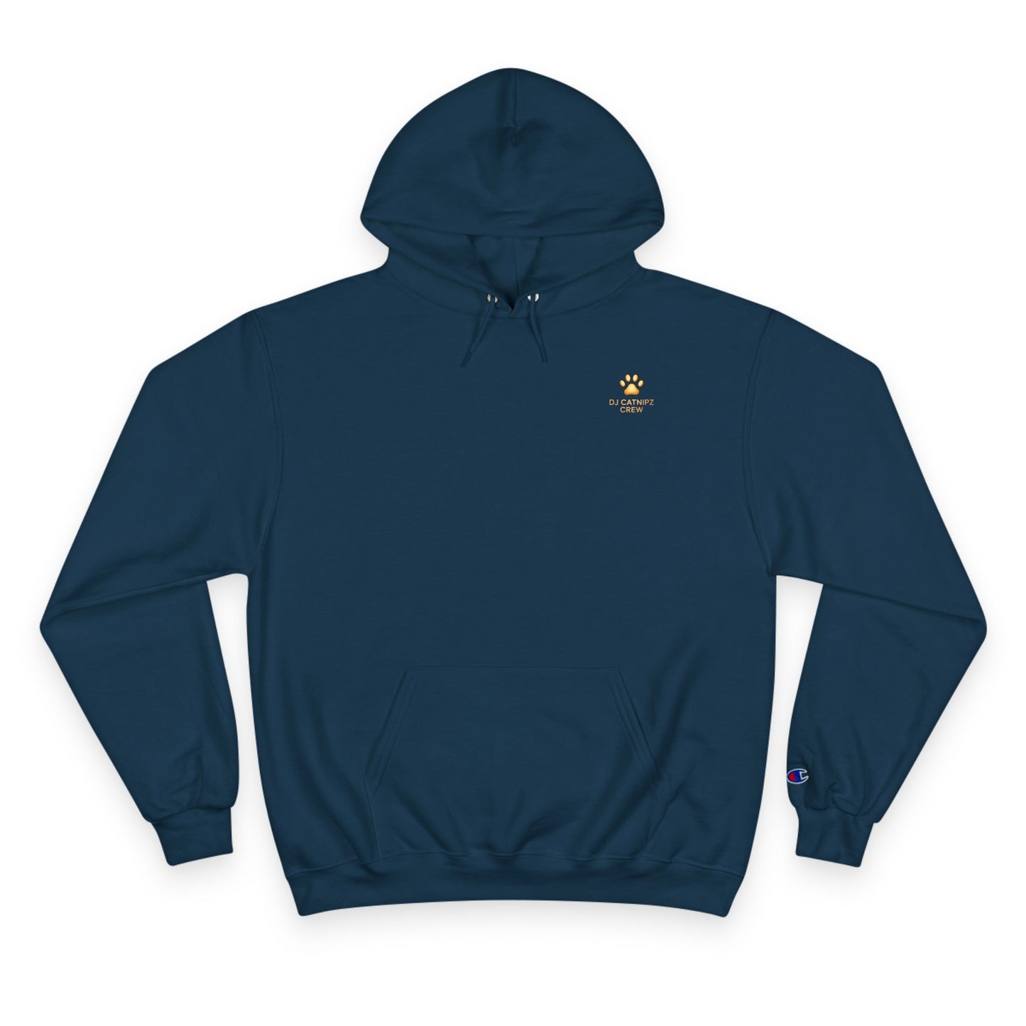 Navy blue hoodie with a logo on the chest against a white background