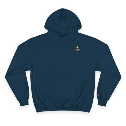 Navy blue hoodie with a logo on the chest against a white background