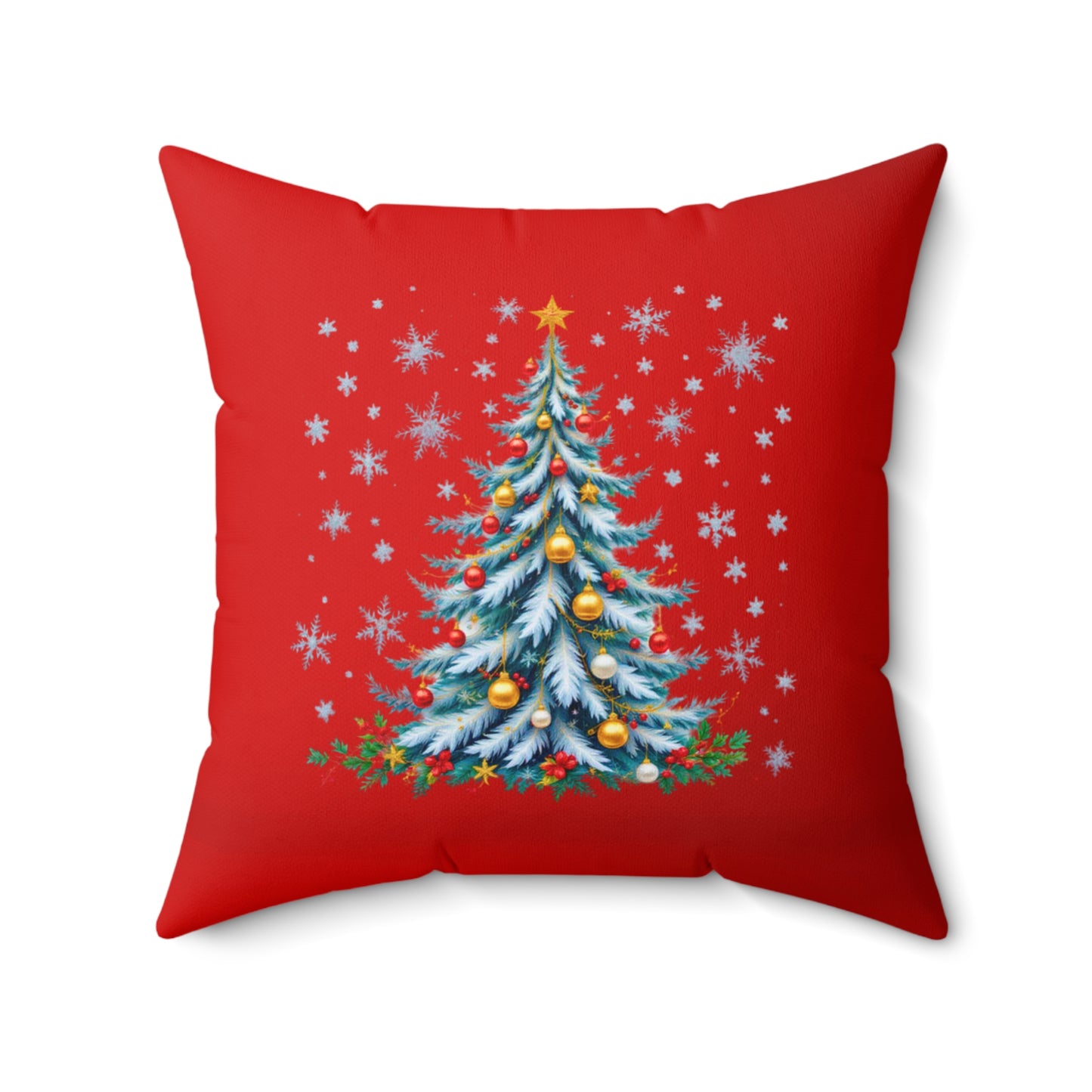 Elegant Christmas Tree Pillow – Snow-Kissed in Blue and Gold