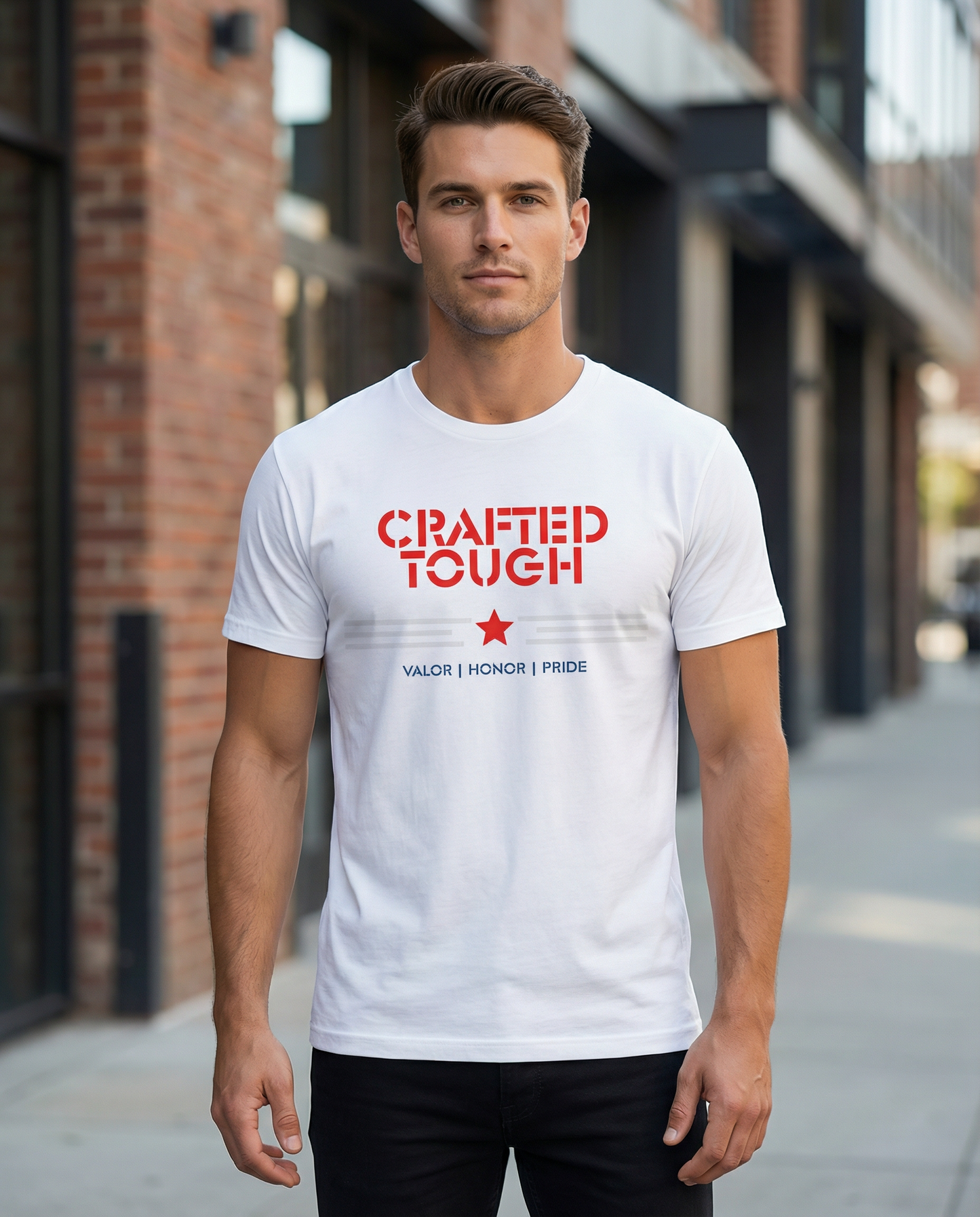 Man wearing a white t-shirt with red text standing on a street.