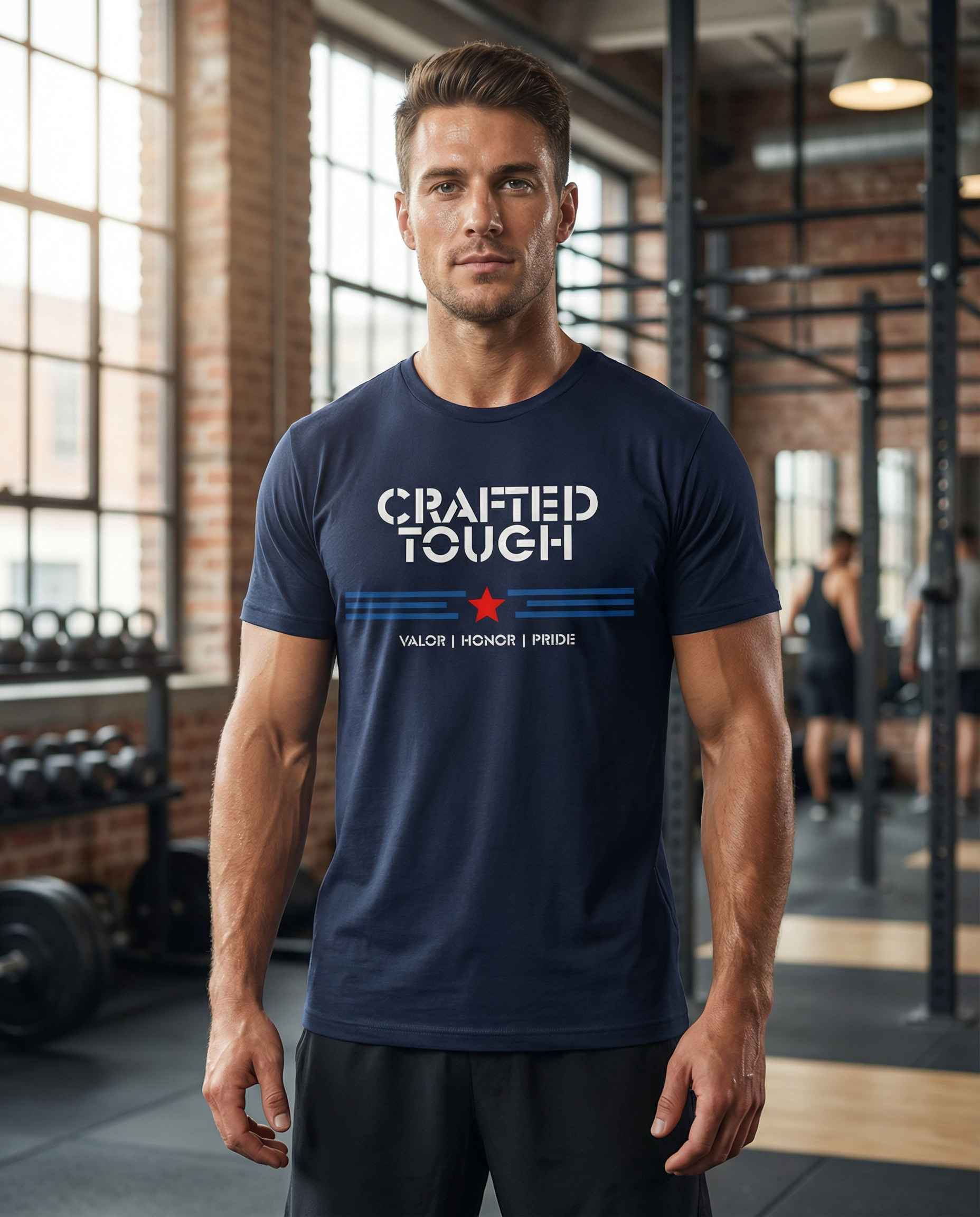 Man wearing a navy blue t-shirt with 'Crafted Tough' text in a gym setting