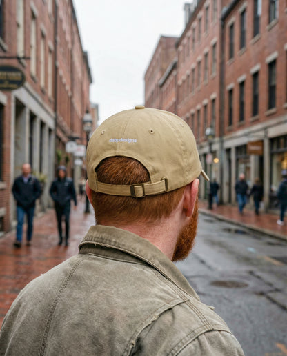 Man wearing a beige cap with a logo on a city street