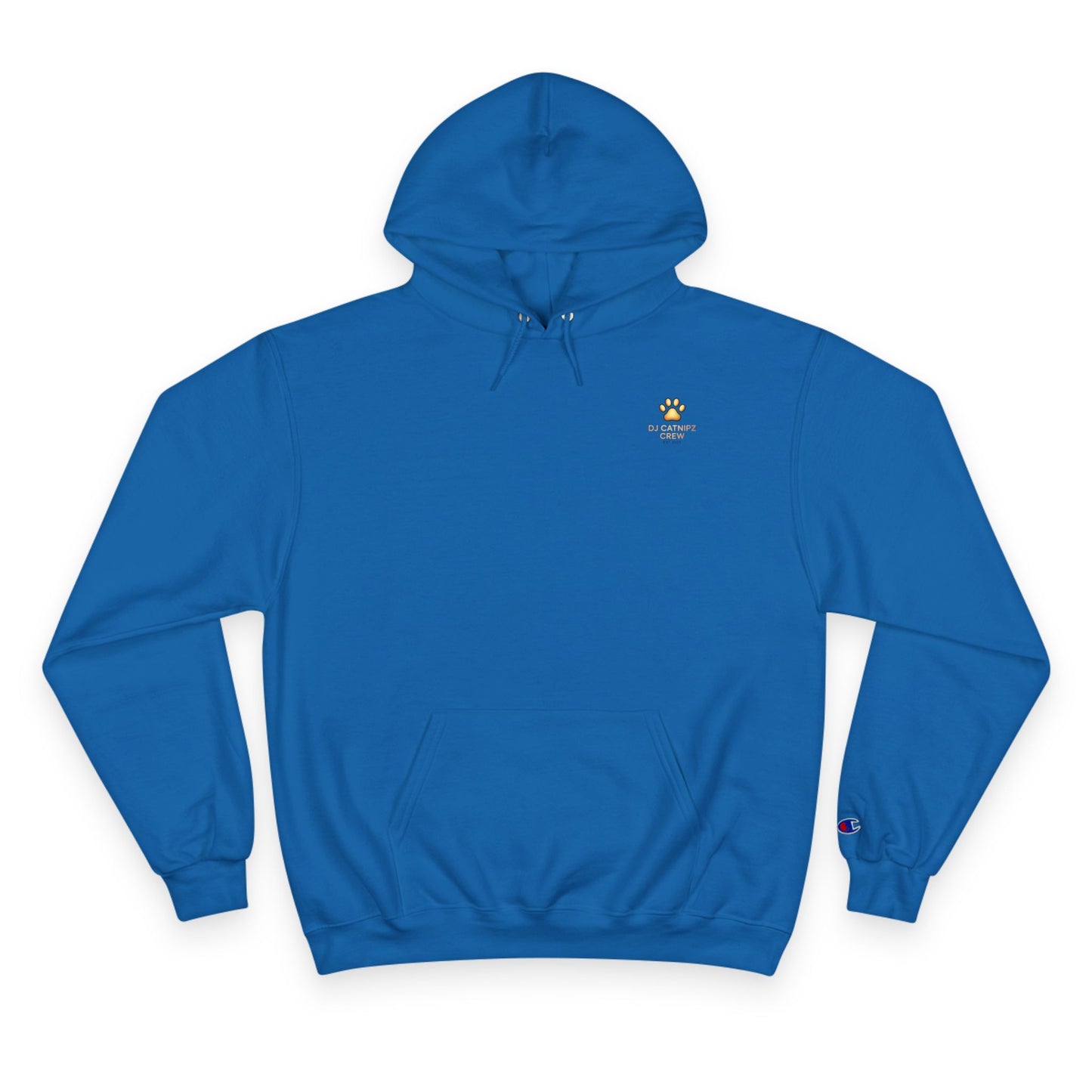 Blue hoodie with a logo on the chest against a white background