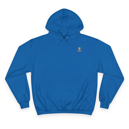 Blue hoodie with a logo on the chest against a white background