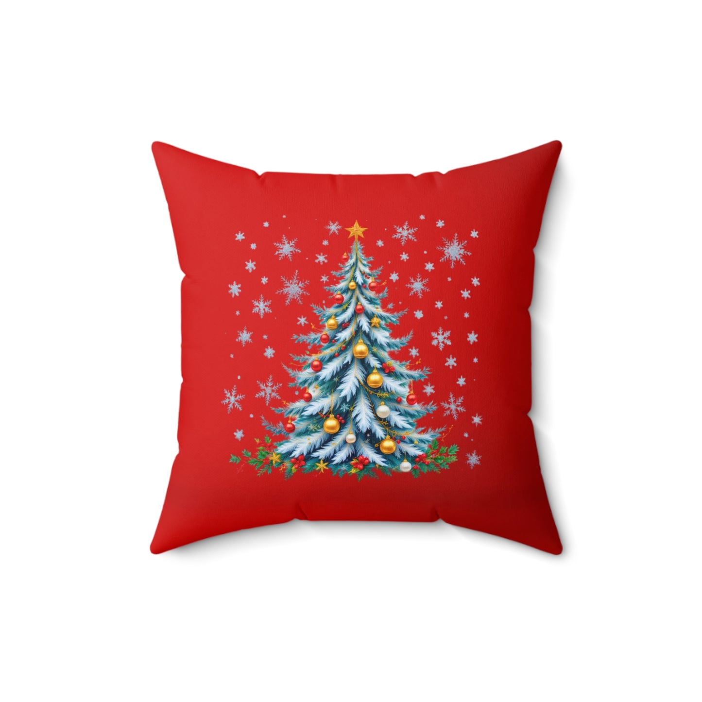 Elegant Christmas Tree Pillow – Snow-Kissed in Blue and Gold