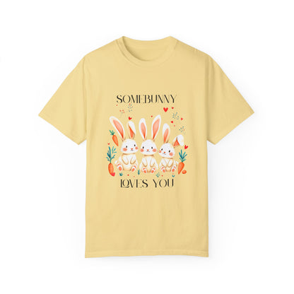Comfort Colors 1717 Unisex Garment-Dyed T-shirt - “Somebunny Loves You” Trio Bunny Easter Tee
