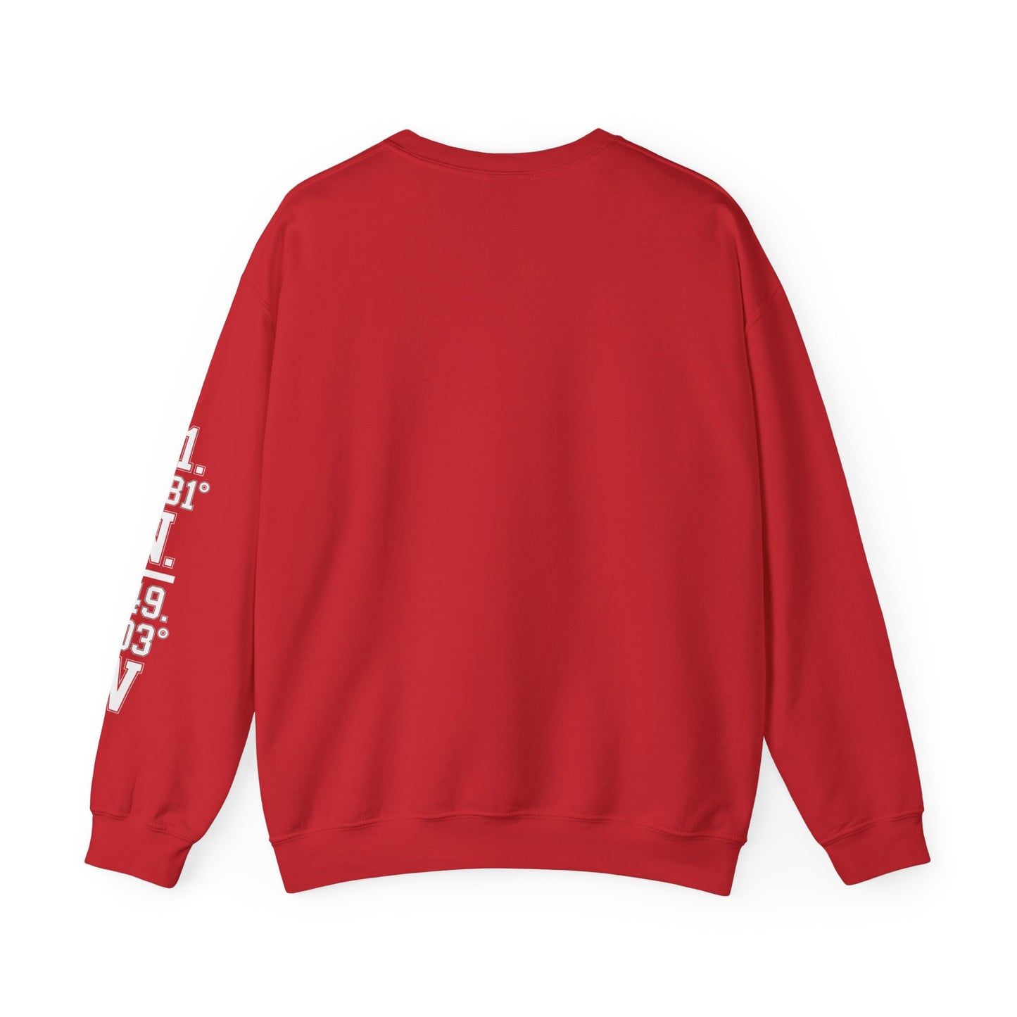 Red sweatshirt with white text on sleeve against a white background