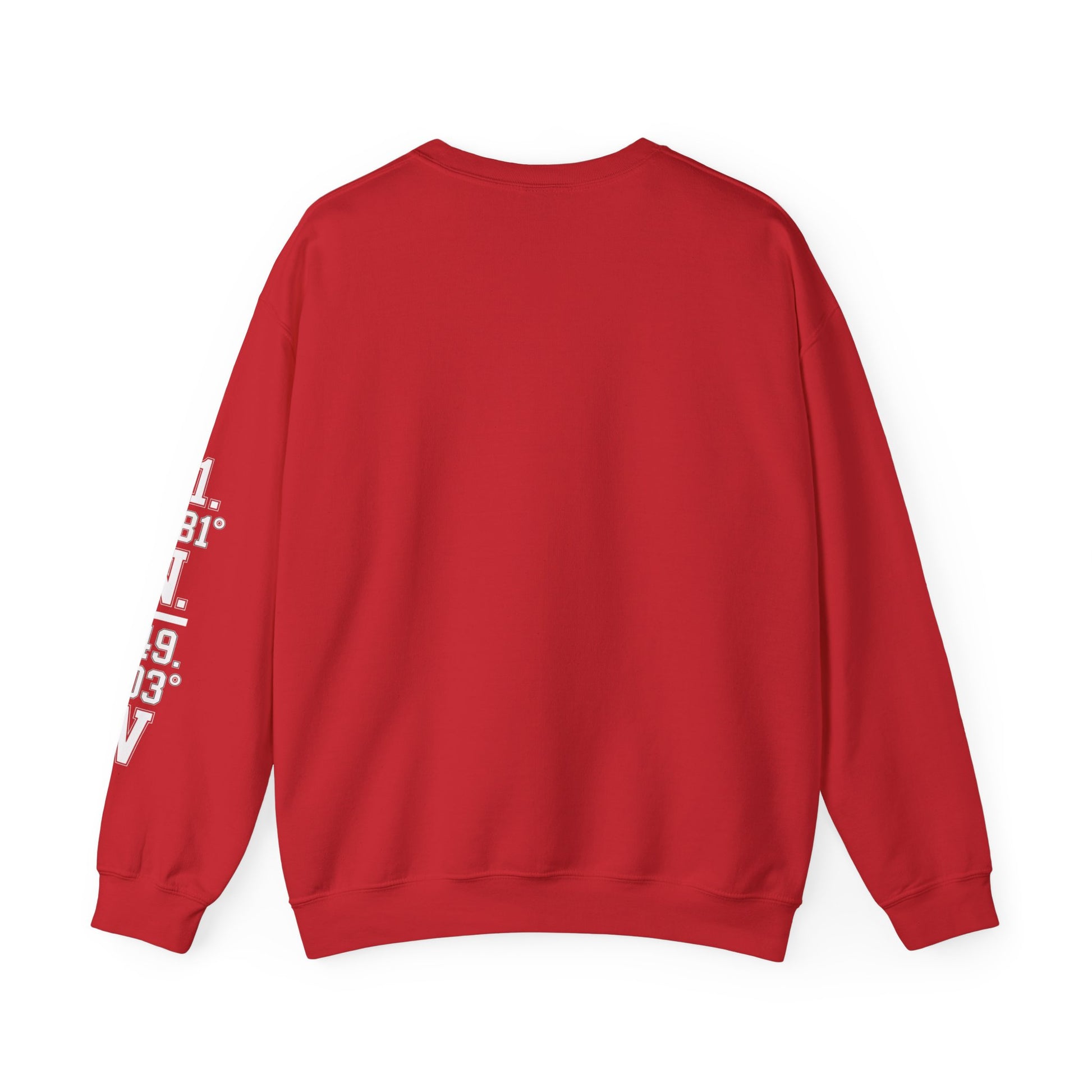 Red sweatshirt with white text on sleeve against a white background